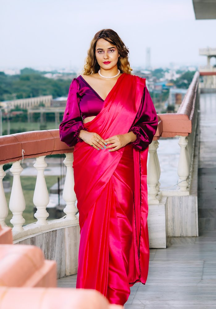 Hot pink satin saree