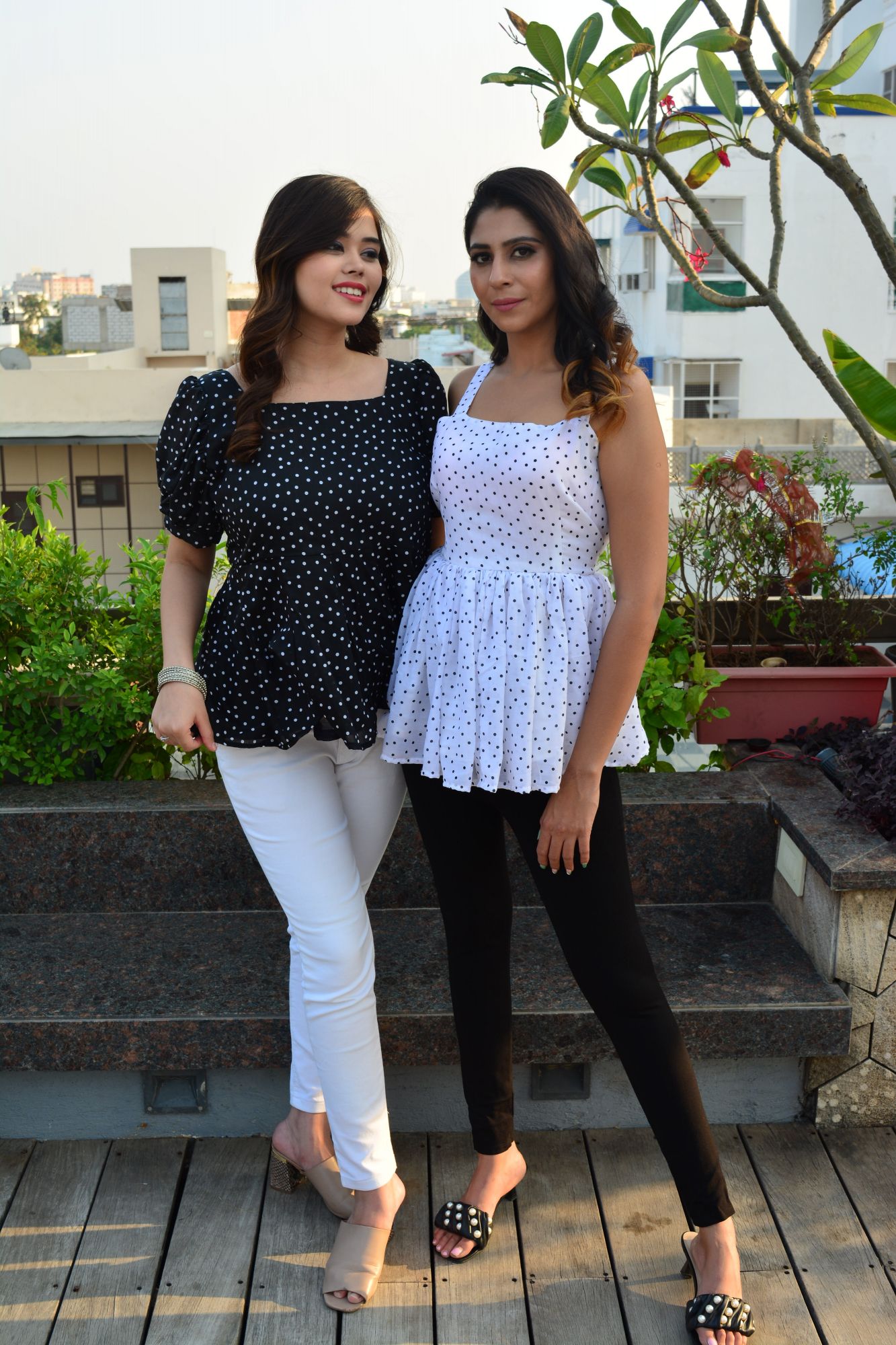 White polka dot top