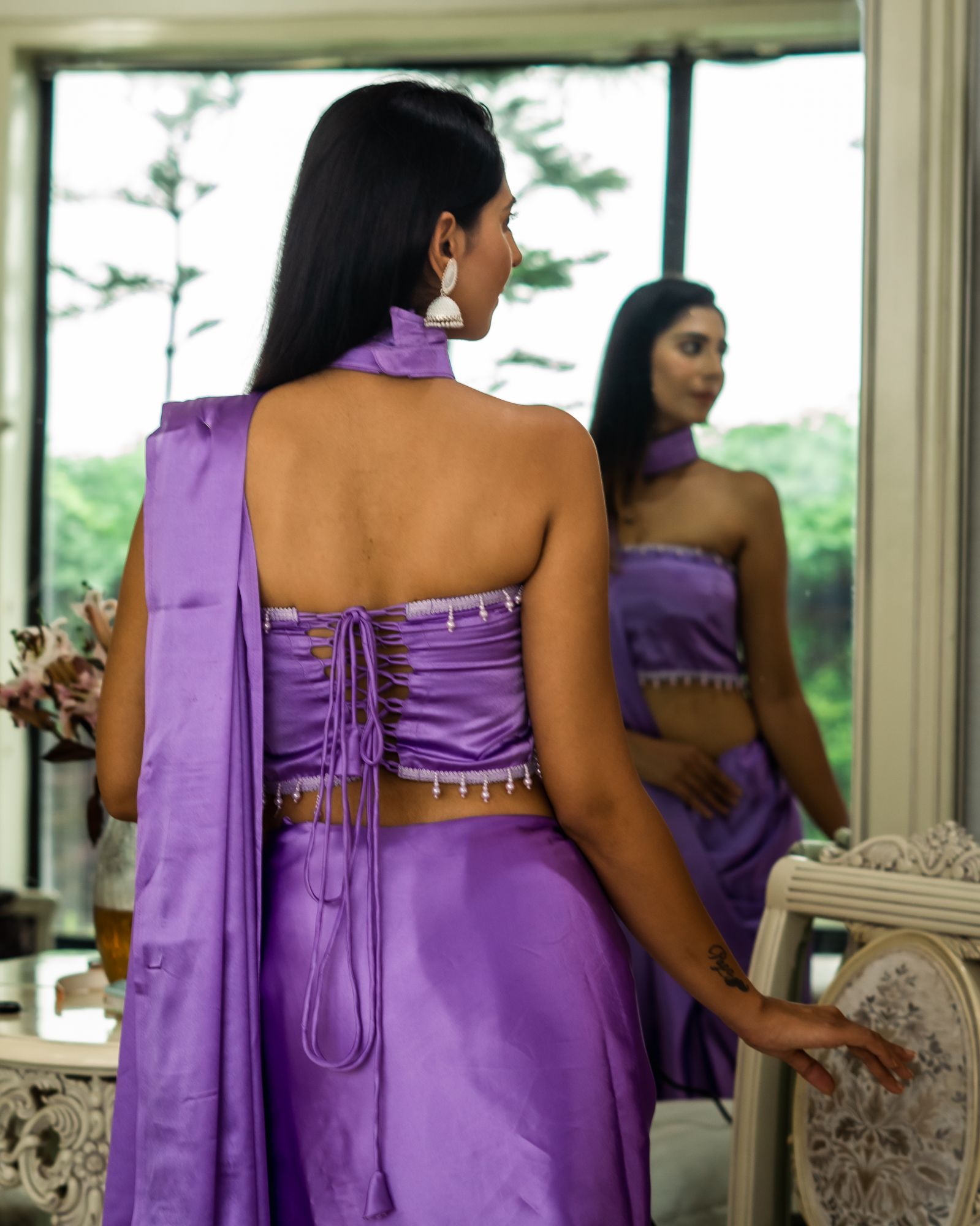 Lilac satin saree