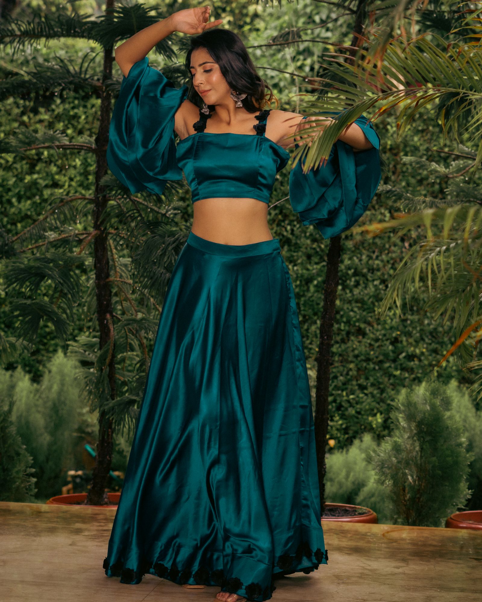 Teal black rose lehenga set