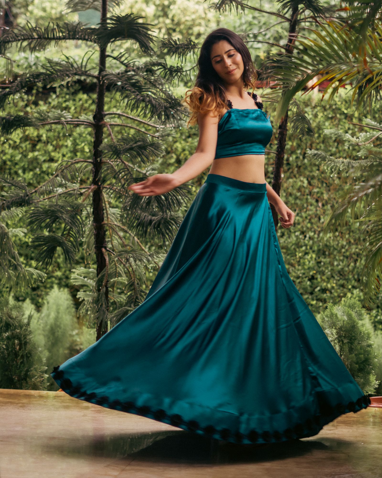 Teal black rose lehenga set