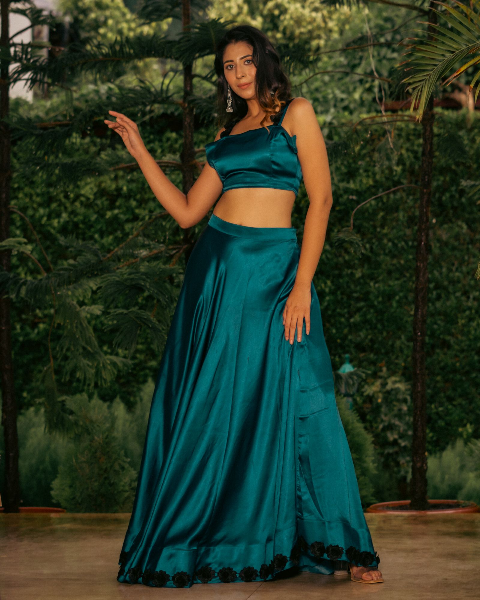 Teal black rose lehenga set