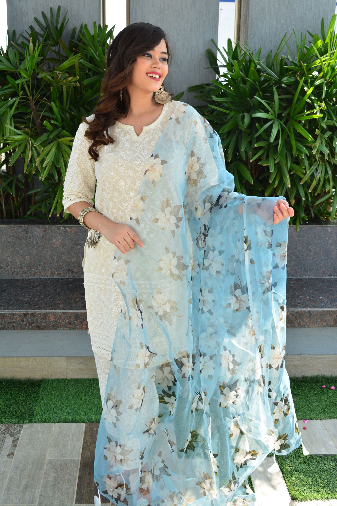 Chikan suit set with powder blue dupatta