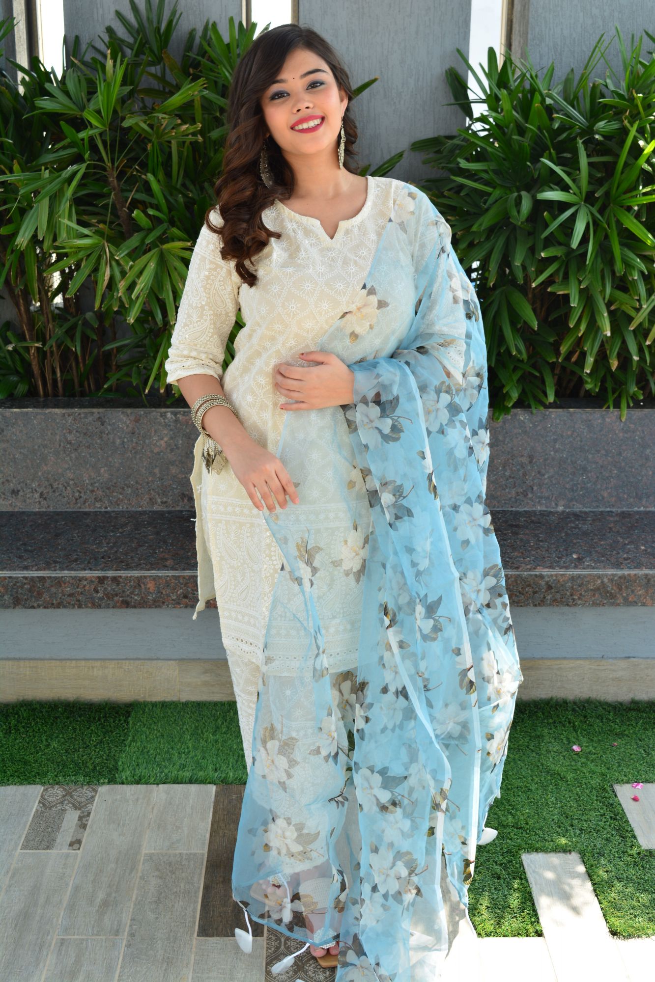 Chikan suit set with powder blue dupatta