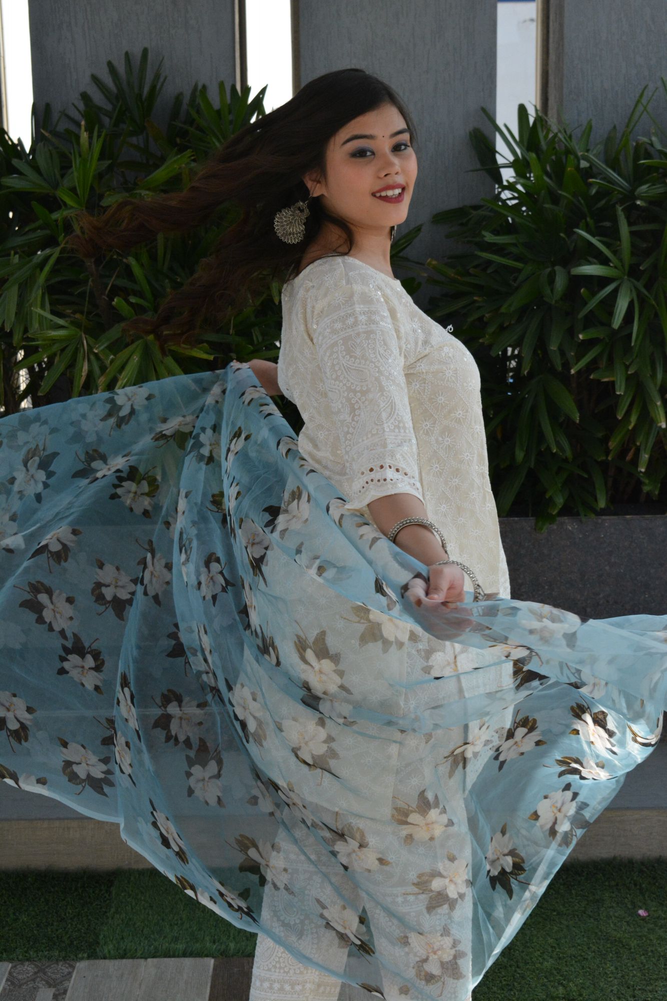 Chikan suit set with powder blue dupatta