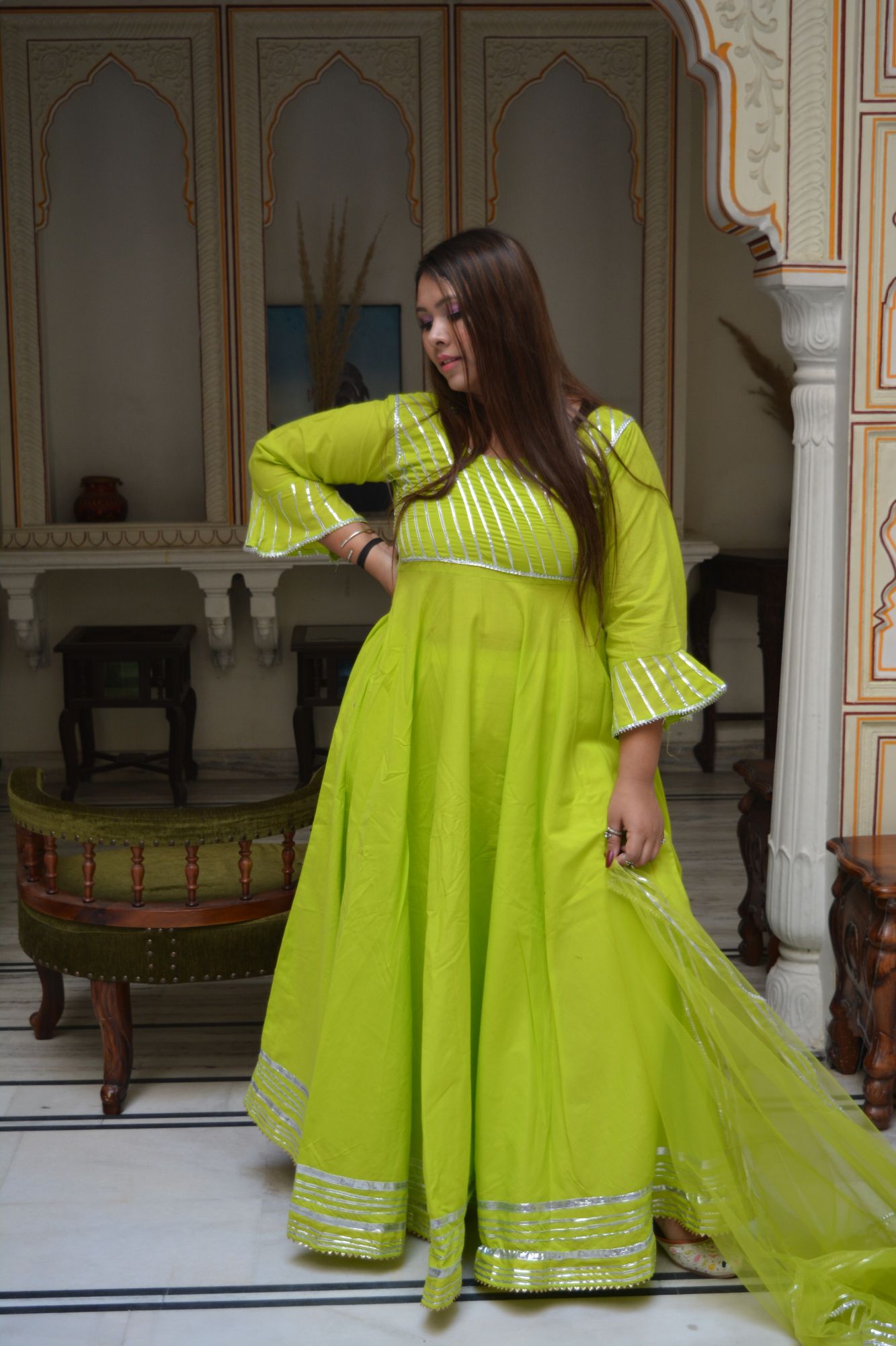 Parrot Green Anarkali Suit Set
