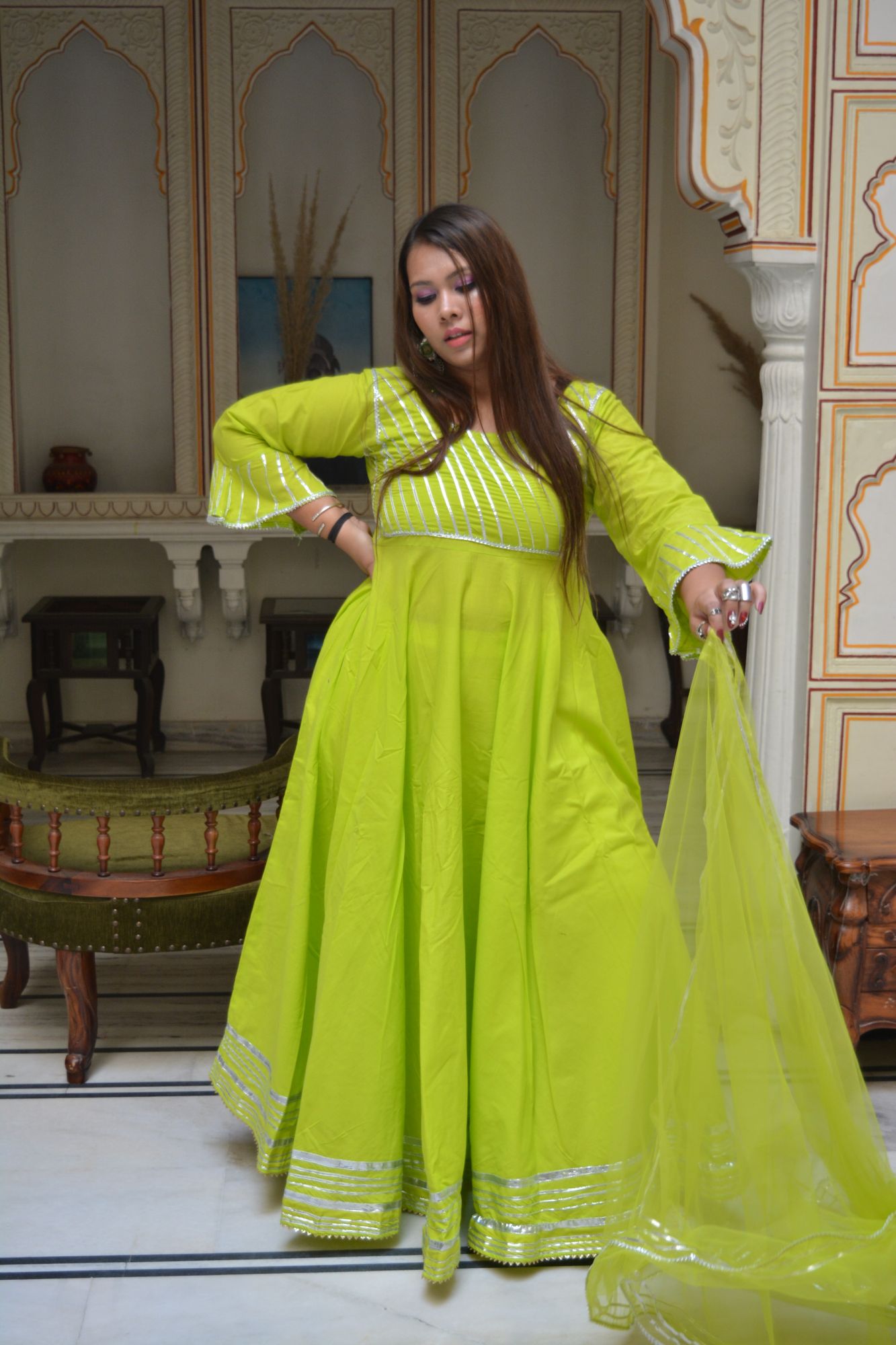 Parrot Green Anarkali Suit Set