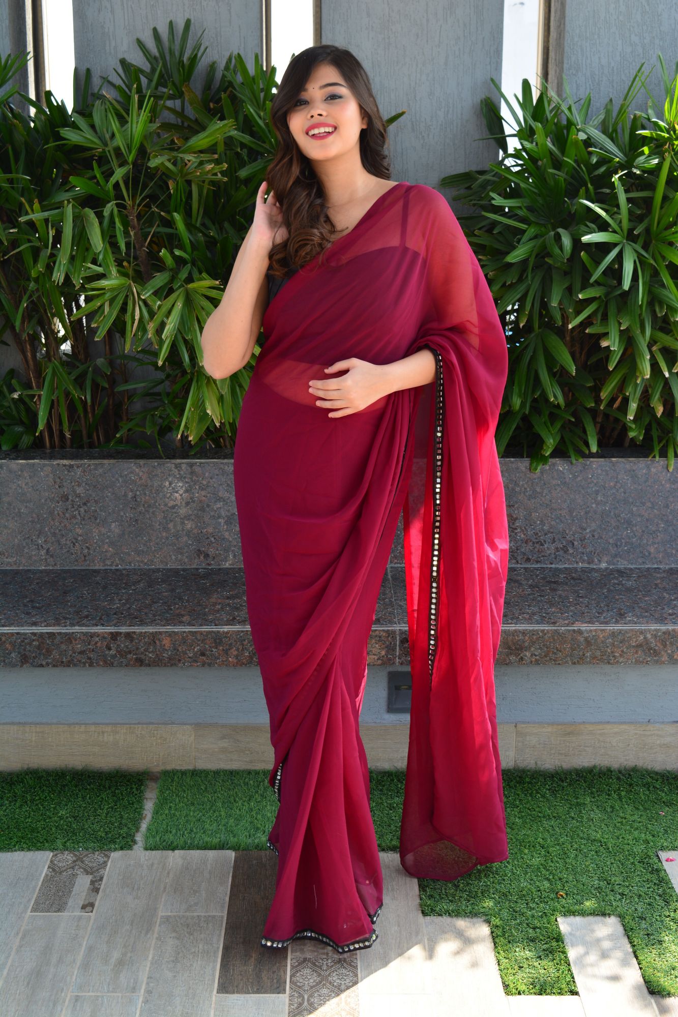 Deep red Georgette saree