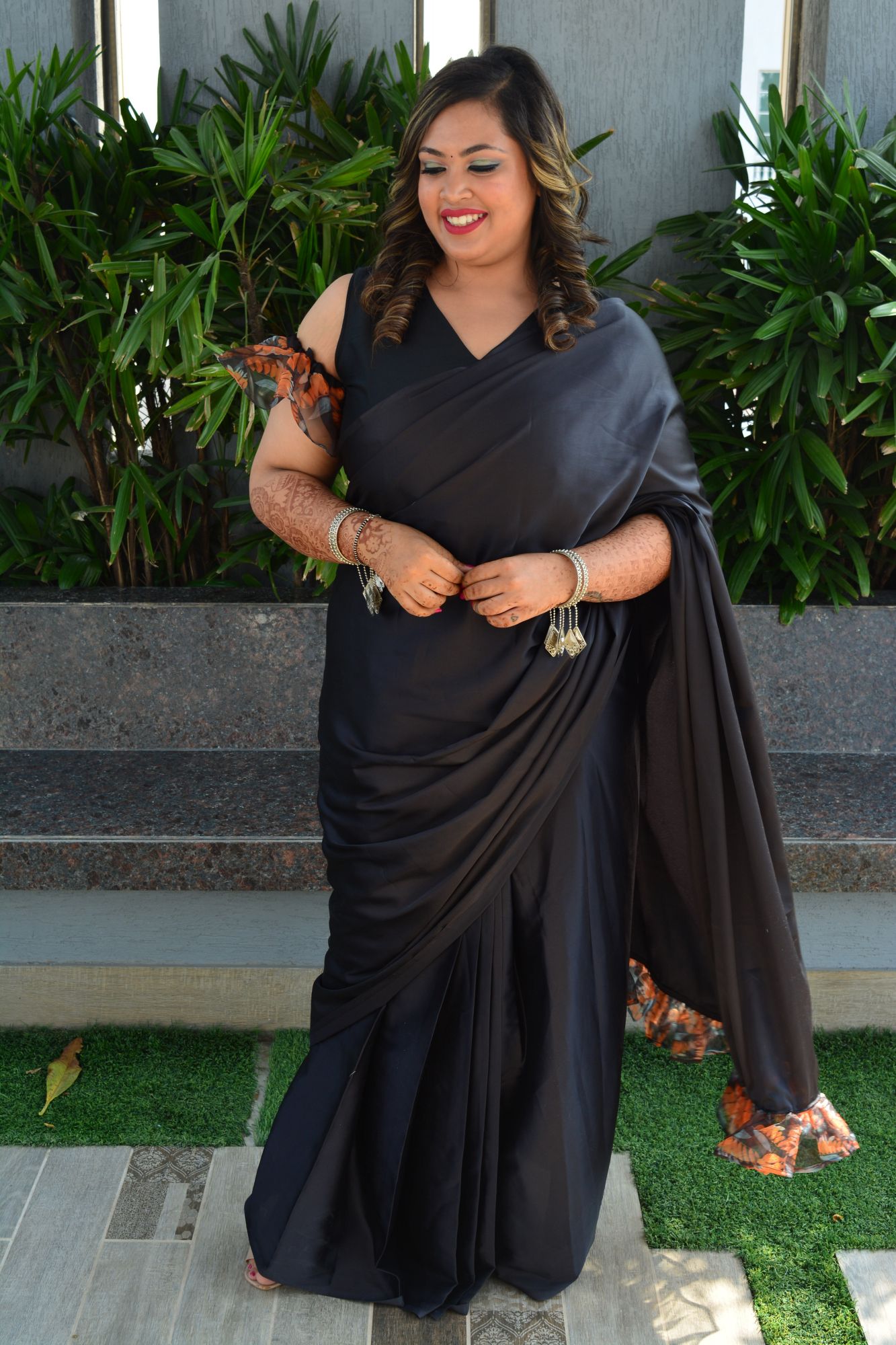 Solid black satin saree