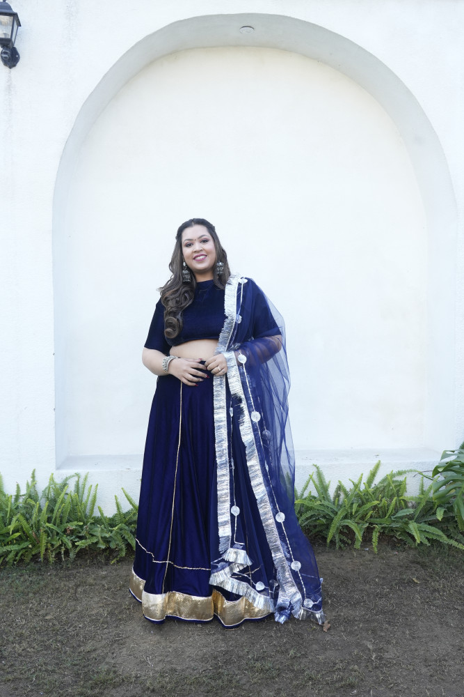 Image of Royal Blue Velvet Lehenga With Net Dupatta