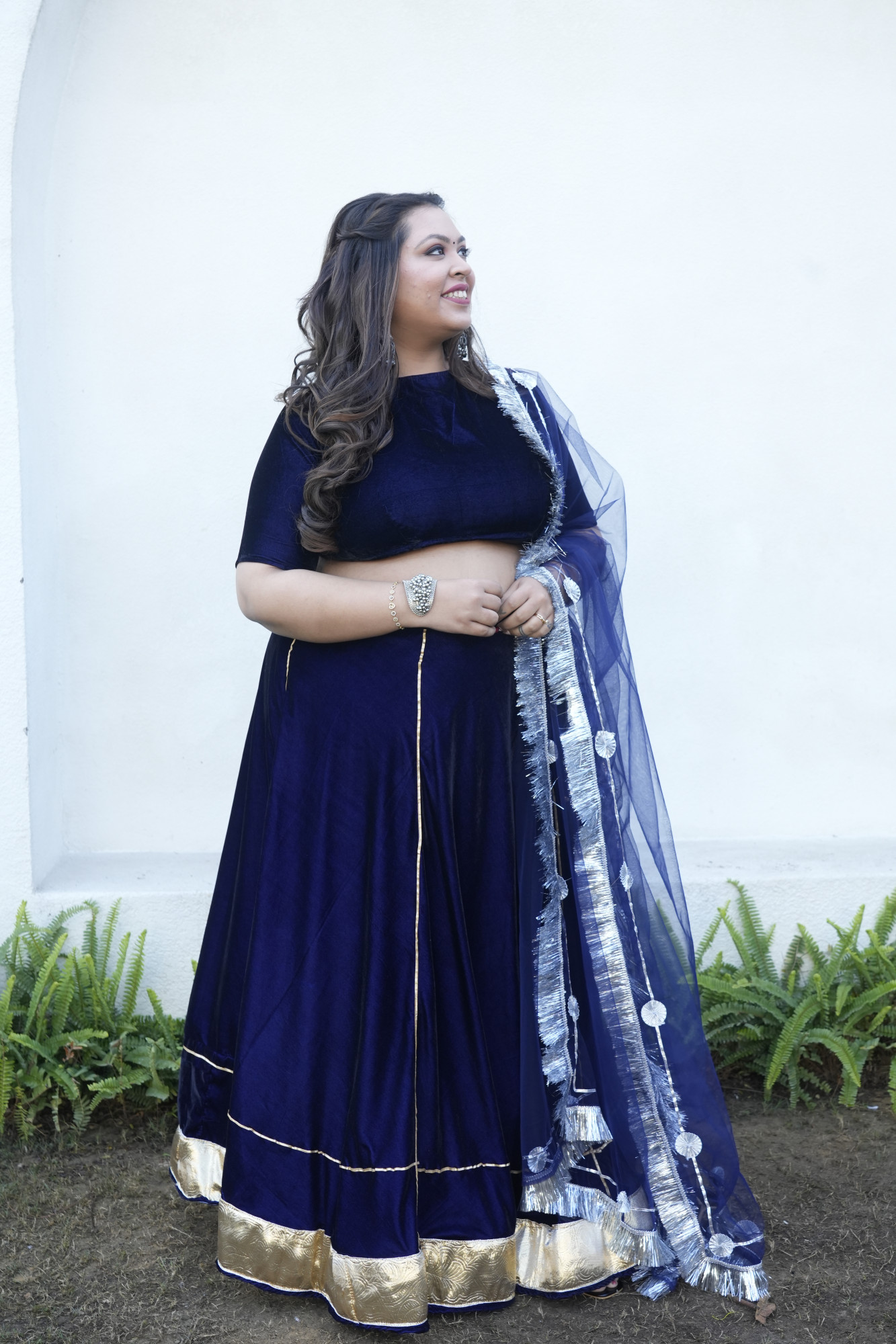 Royal Blue Velvet Lehenga With Net Dupatta