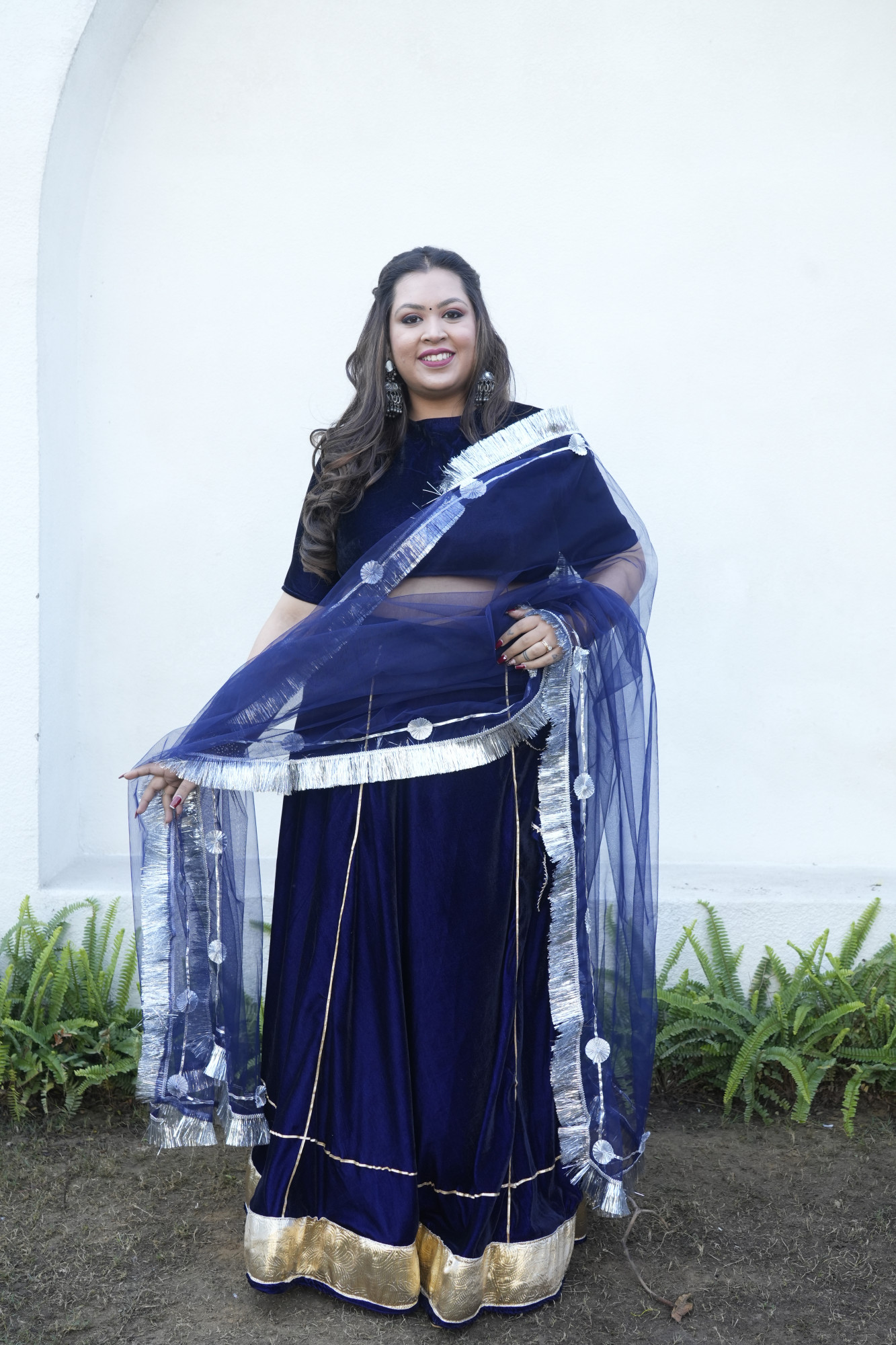 Royal Blue Velvet Lehenga With Net Dupatta