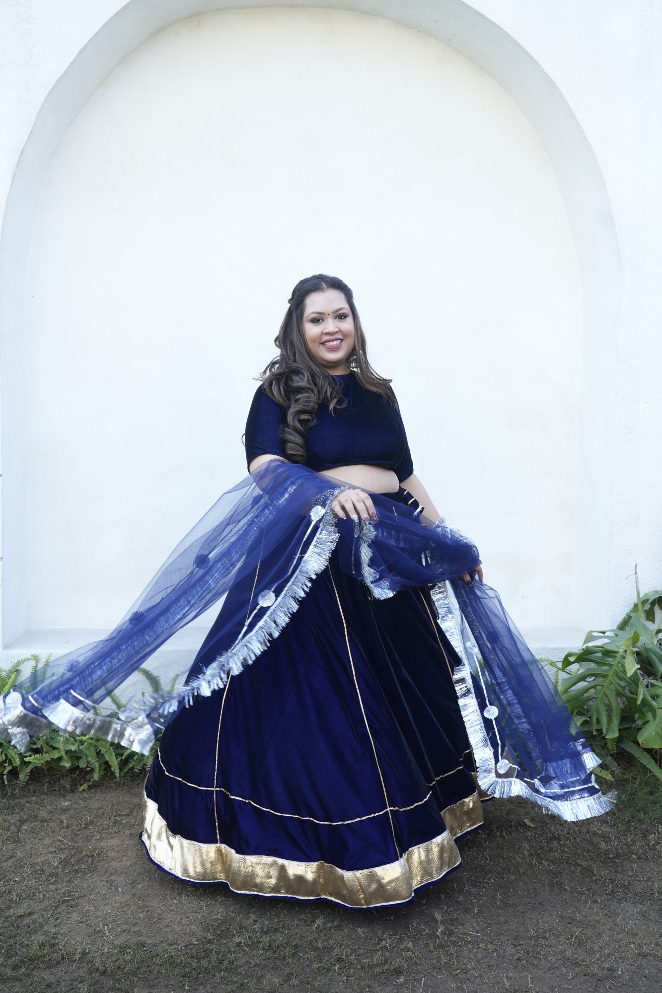 Royal Blue Velvet Lehenga With Net Dupatta