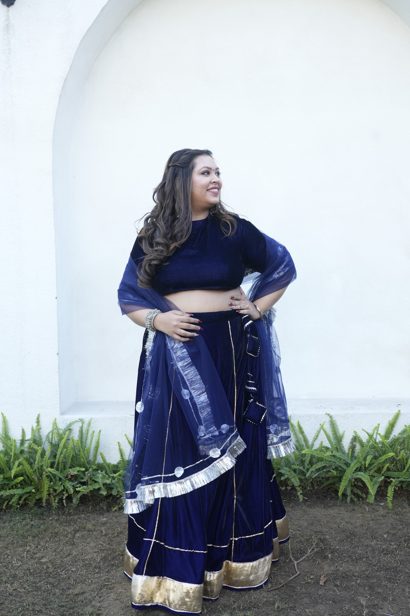 Royal Blue Velvet Lehenga With Net Dupatta