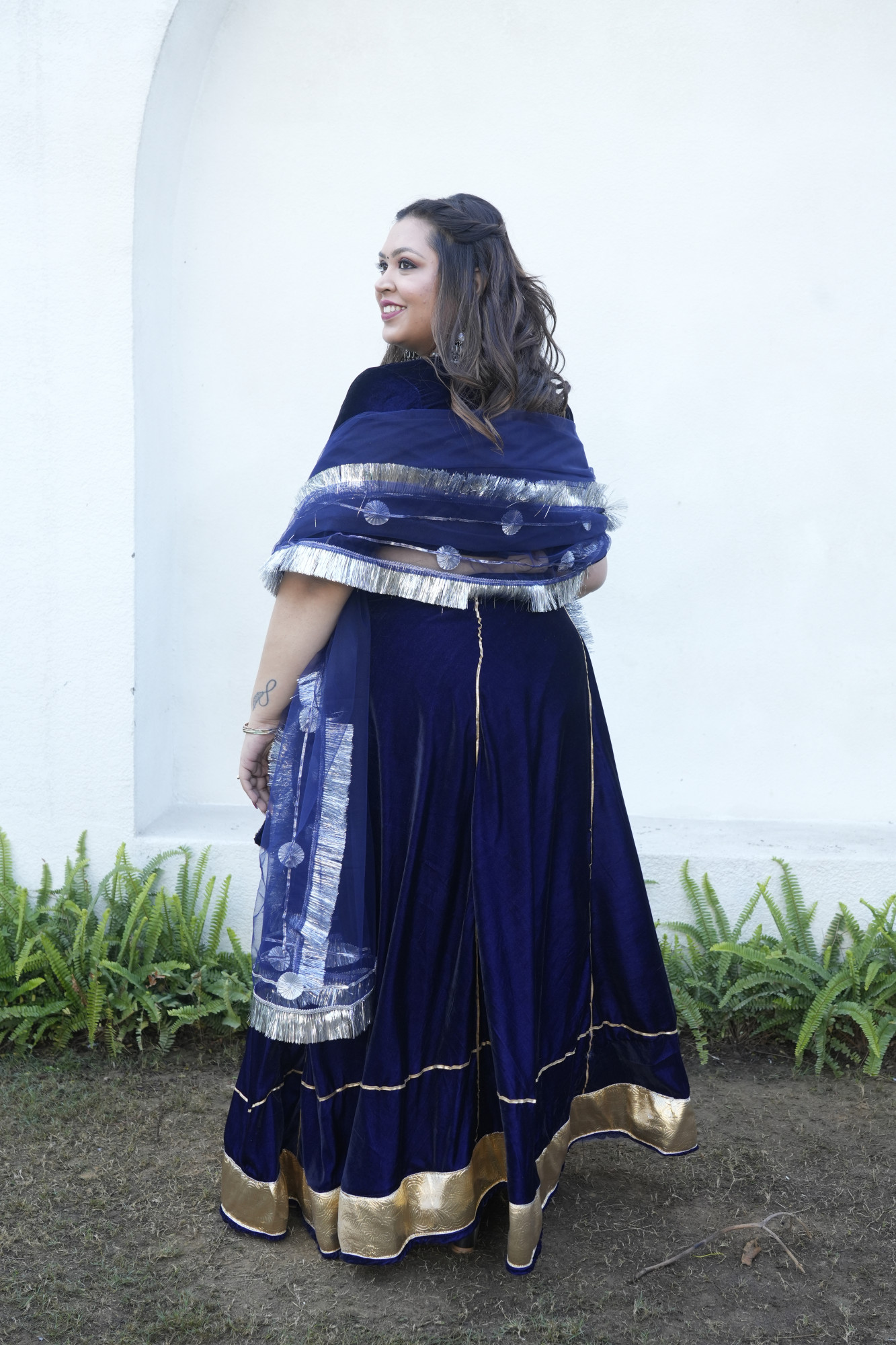 Royal Blue Velvet Lehenga With Net Dupatta