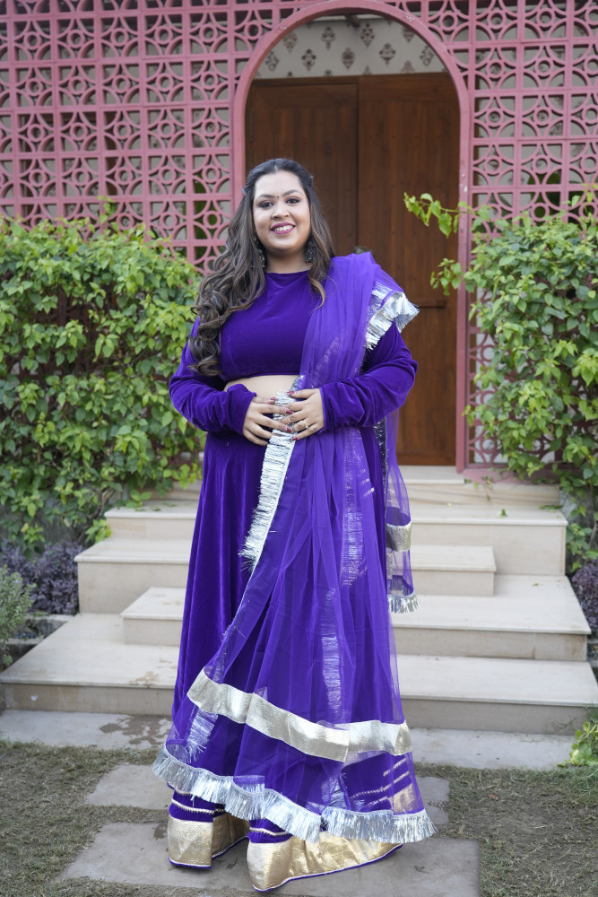 Image of Purple Velvet Lehenga With Net Dupatta