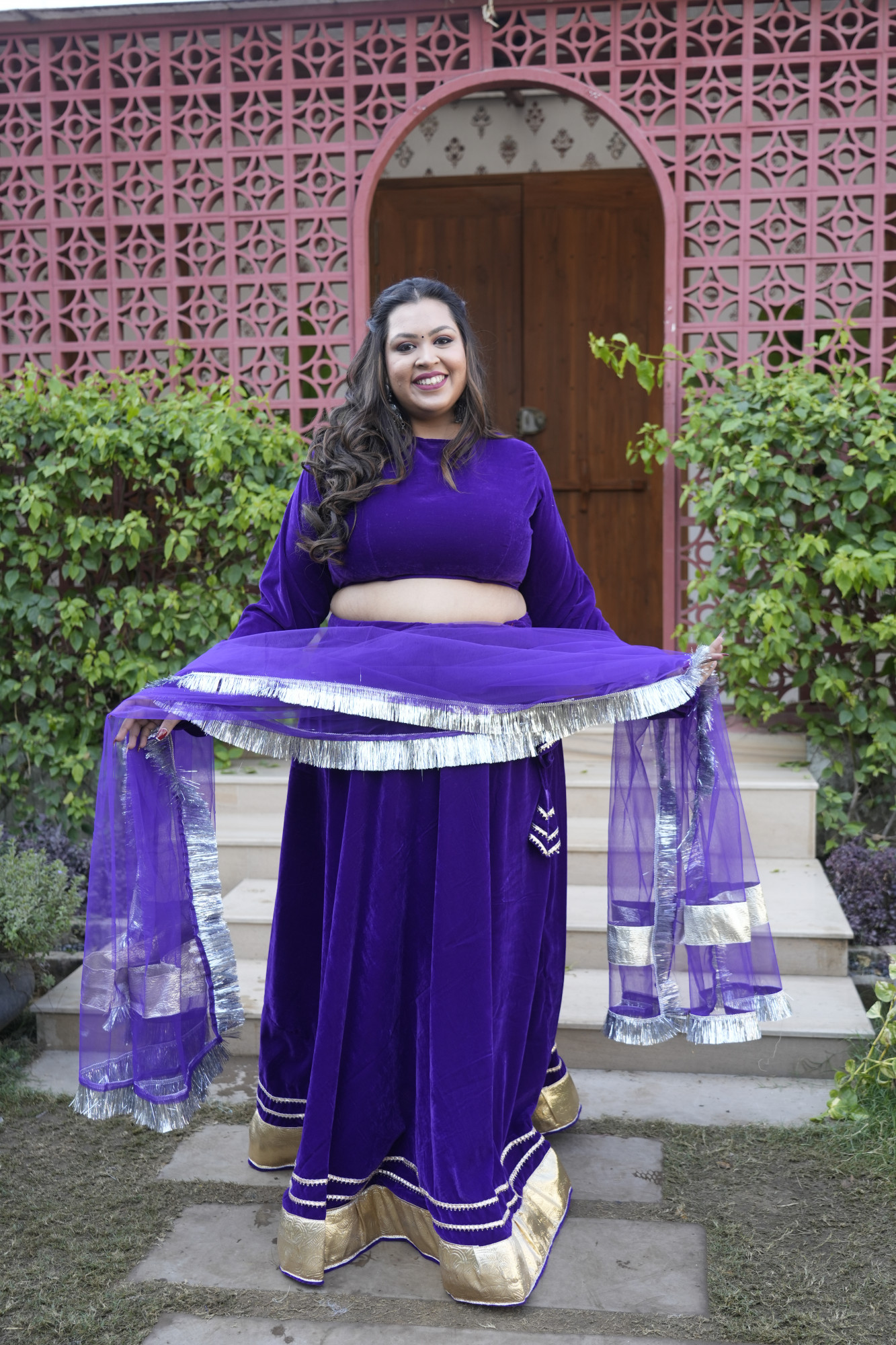 Purple Velvet Lehenga With Net Dupatta