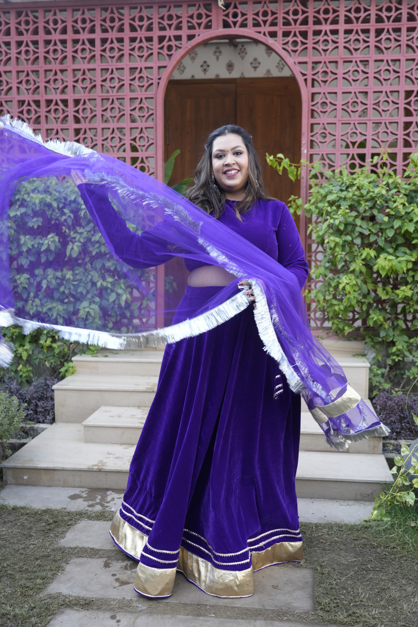 Purple Velvet Lehenga With Net Dupatta
