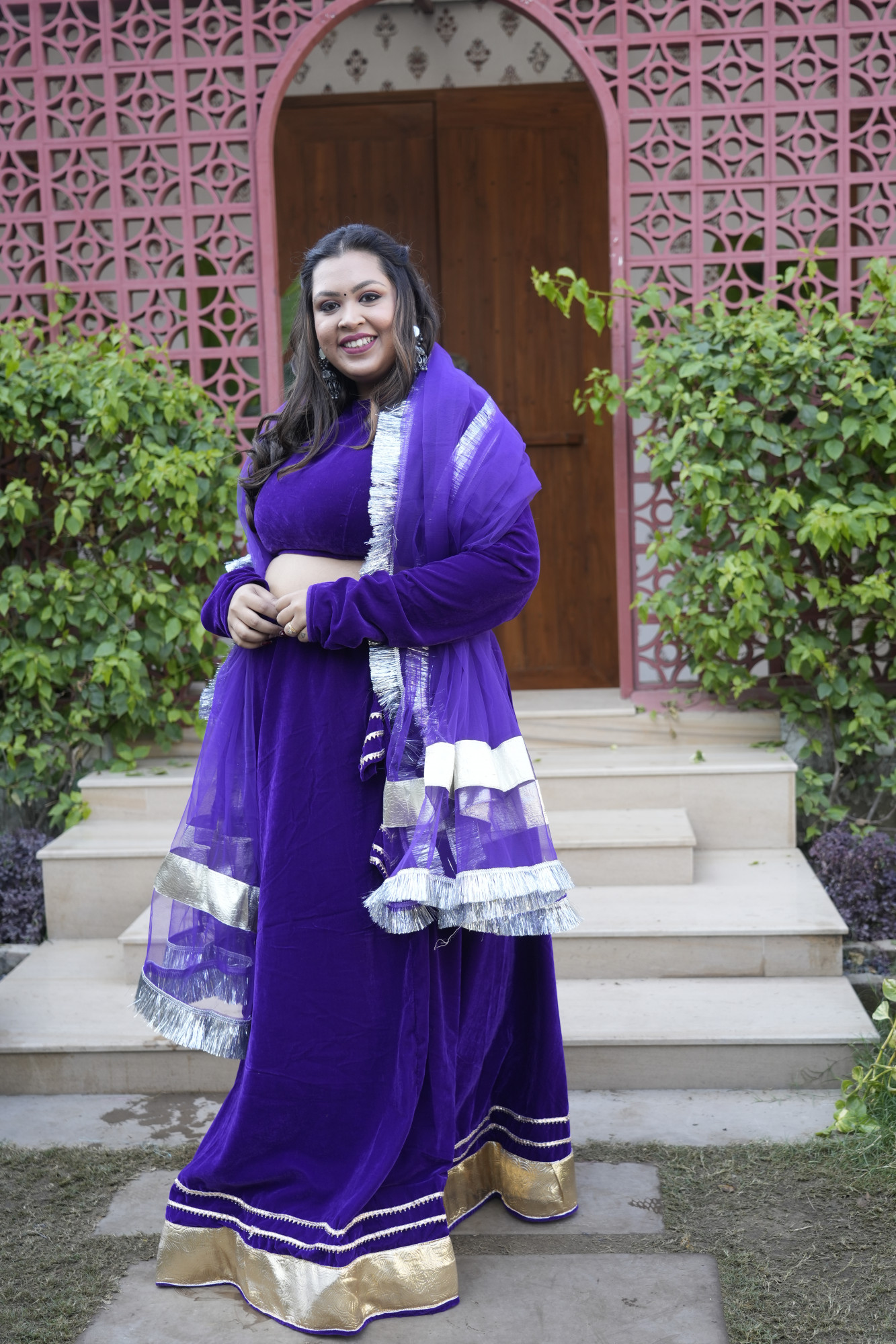 Purple Velvet Lehenga With Net Dupatta