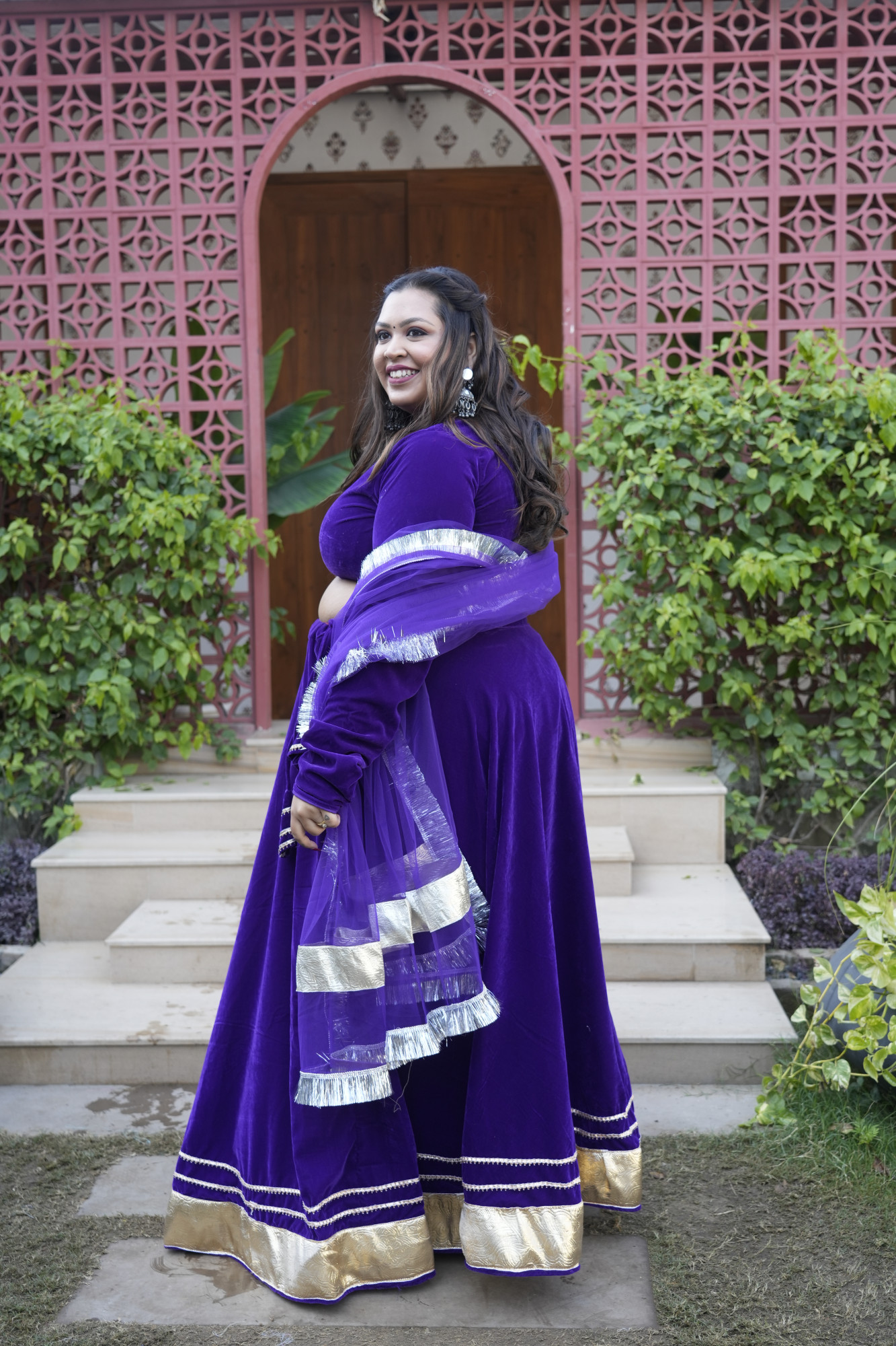 Purple Velvet Lehenga With Net Dupatta
