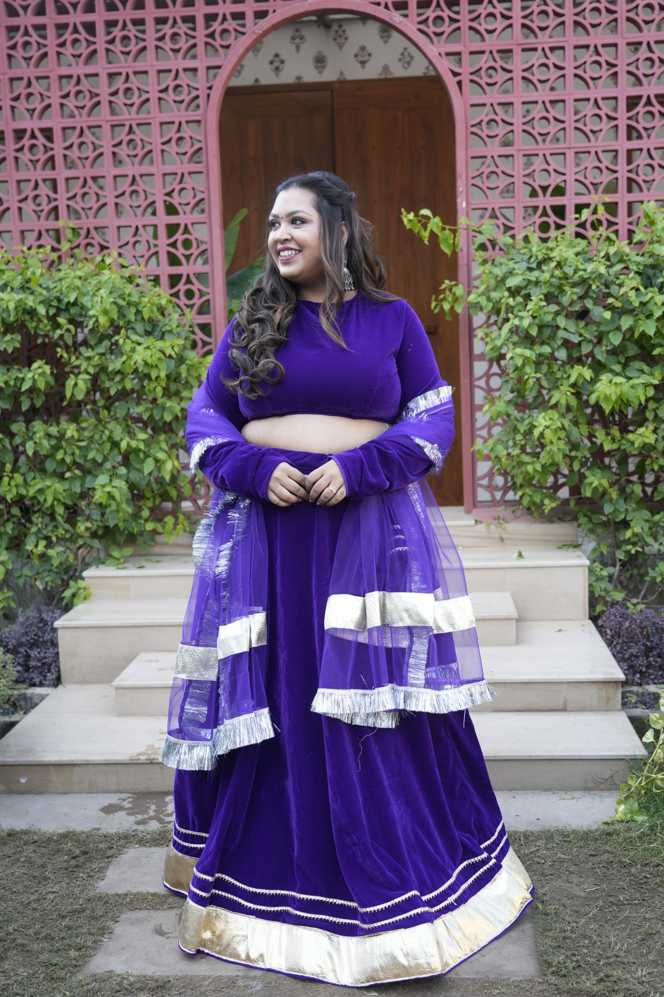 Purple Velvet Lehenga With Net Dupatta