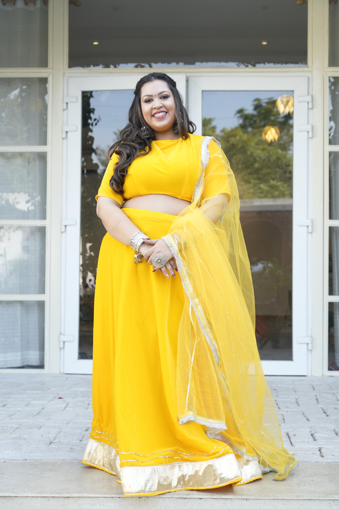 Yellow Velvet Lehenga With Net Dupatta
