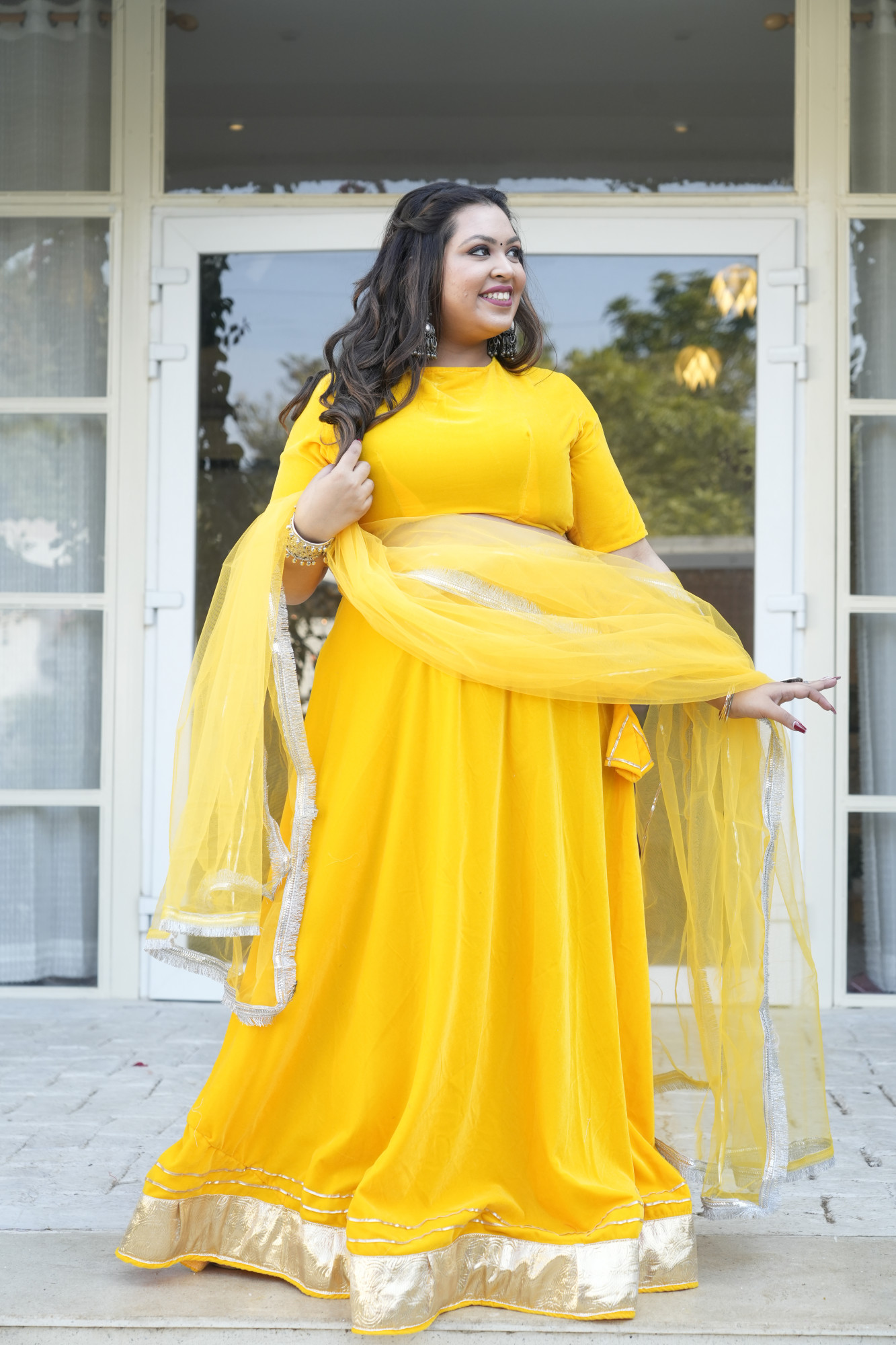 Yellow Velvet Lehenga With Net Dupatta