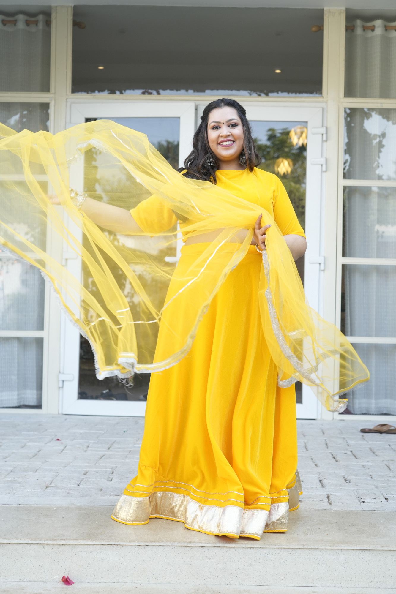 Yellow Velvet Lehenga With Net Dupatta