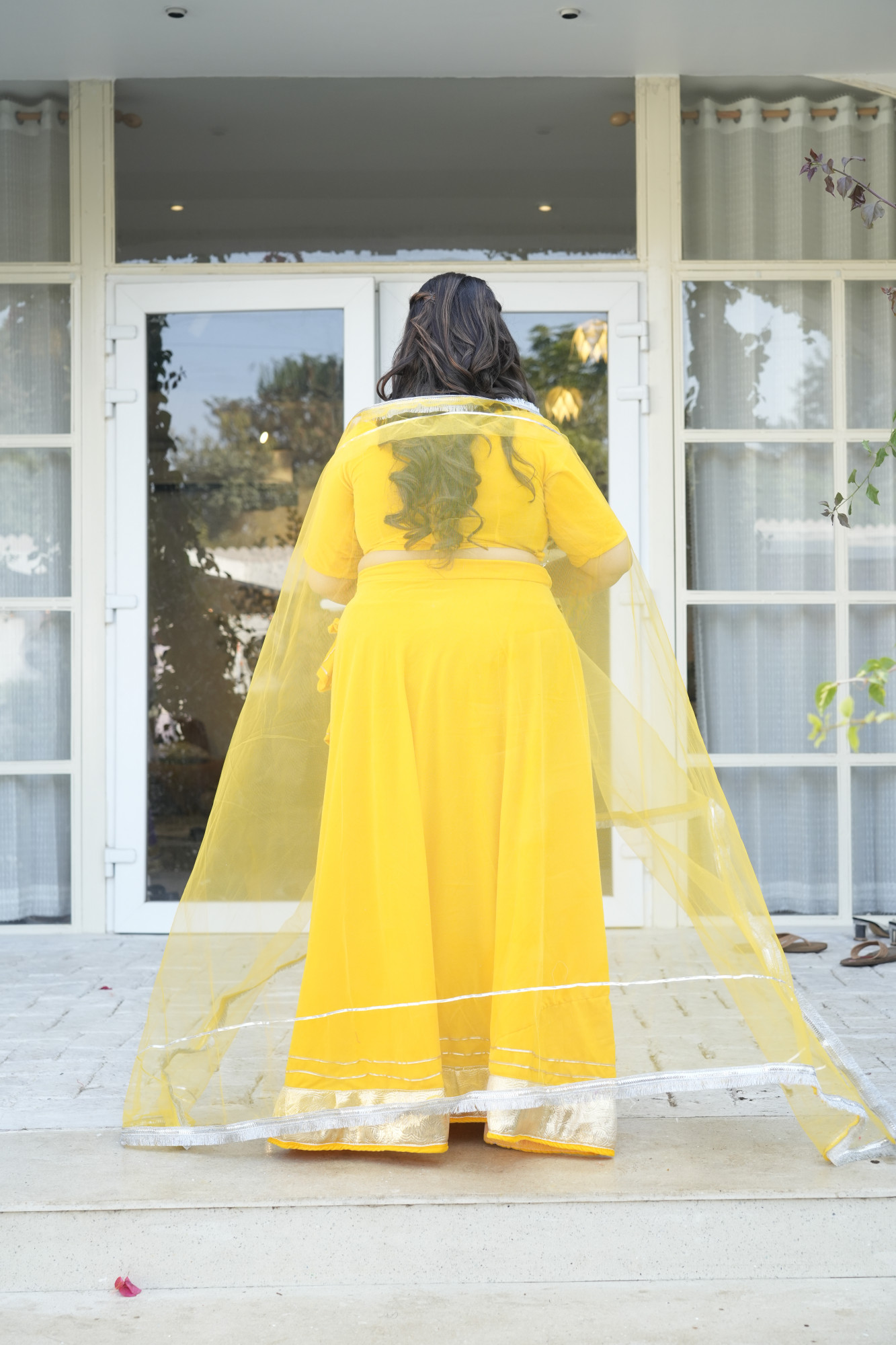 Yellow Velvet Lehenga With Net Dupatta