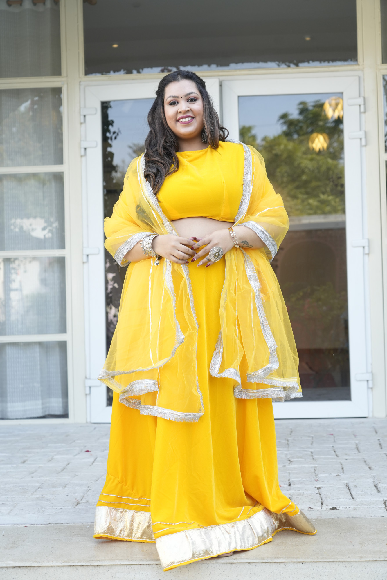 Yellow Velvet Lehenga With Net Dupatta