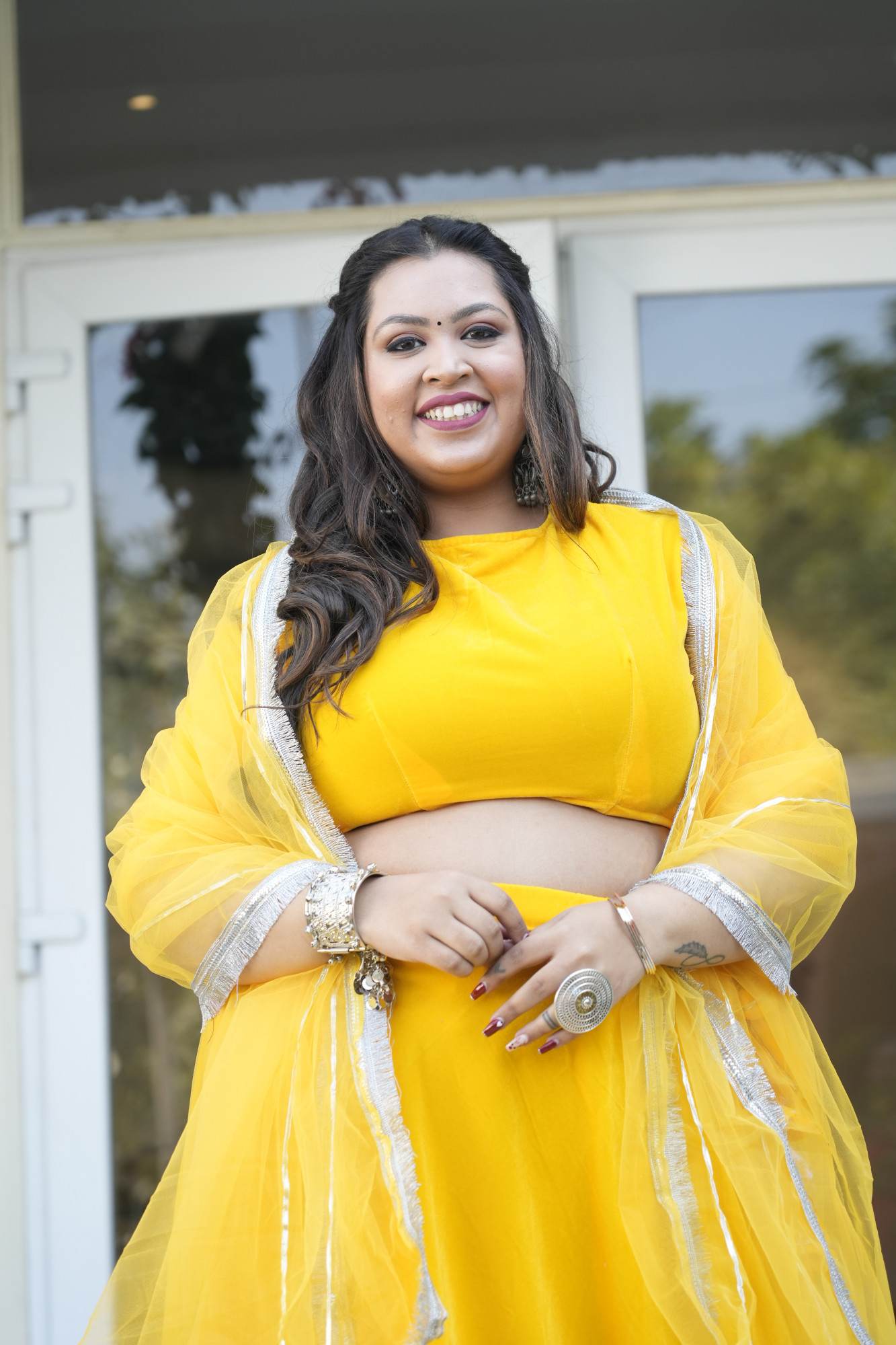 Yellow Velvet Lehenga With Net Dupatta
