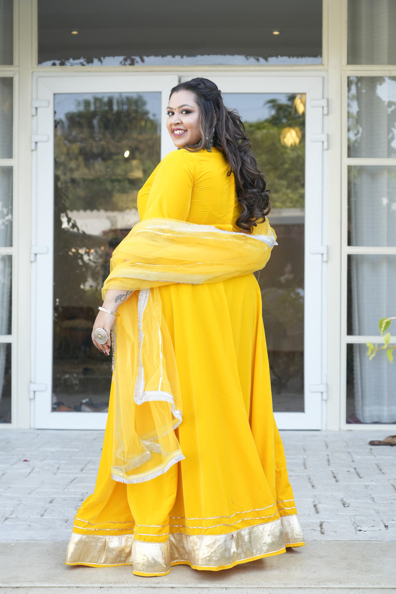 Yellow Velvet Lehenga With Net Dupatta