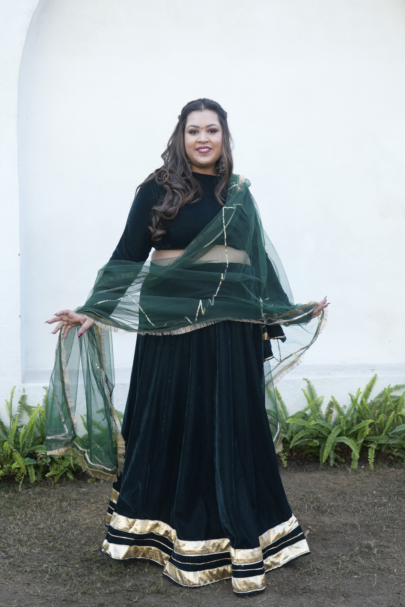 Green Velvet Lehenga With Net Dupatta