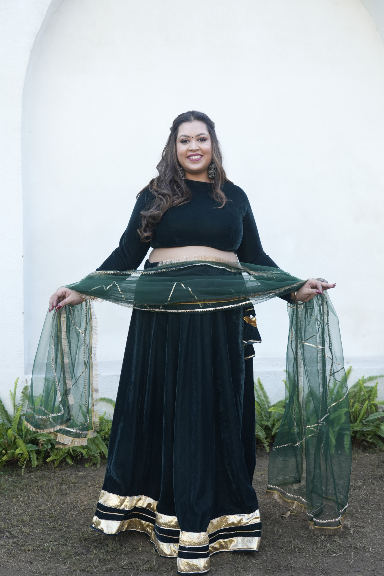 Green Velvet Lehenga With Net Dupatta