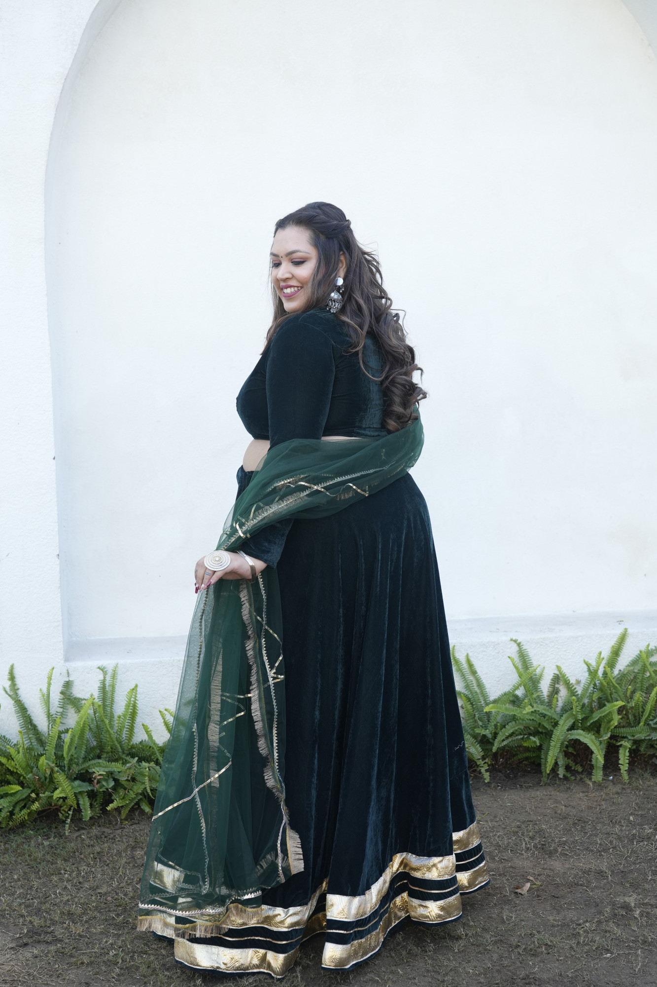 Green Velvet Lehenga With Net Dupatta