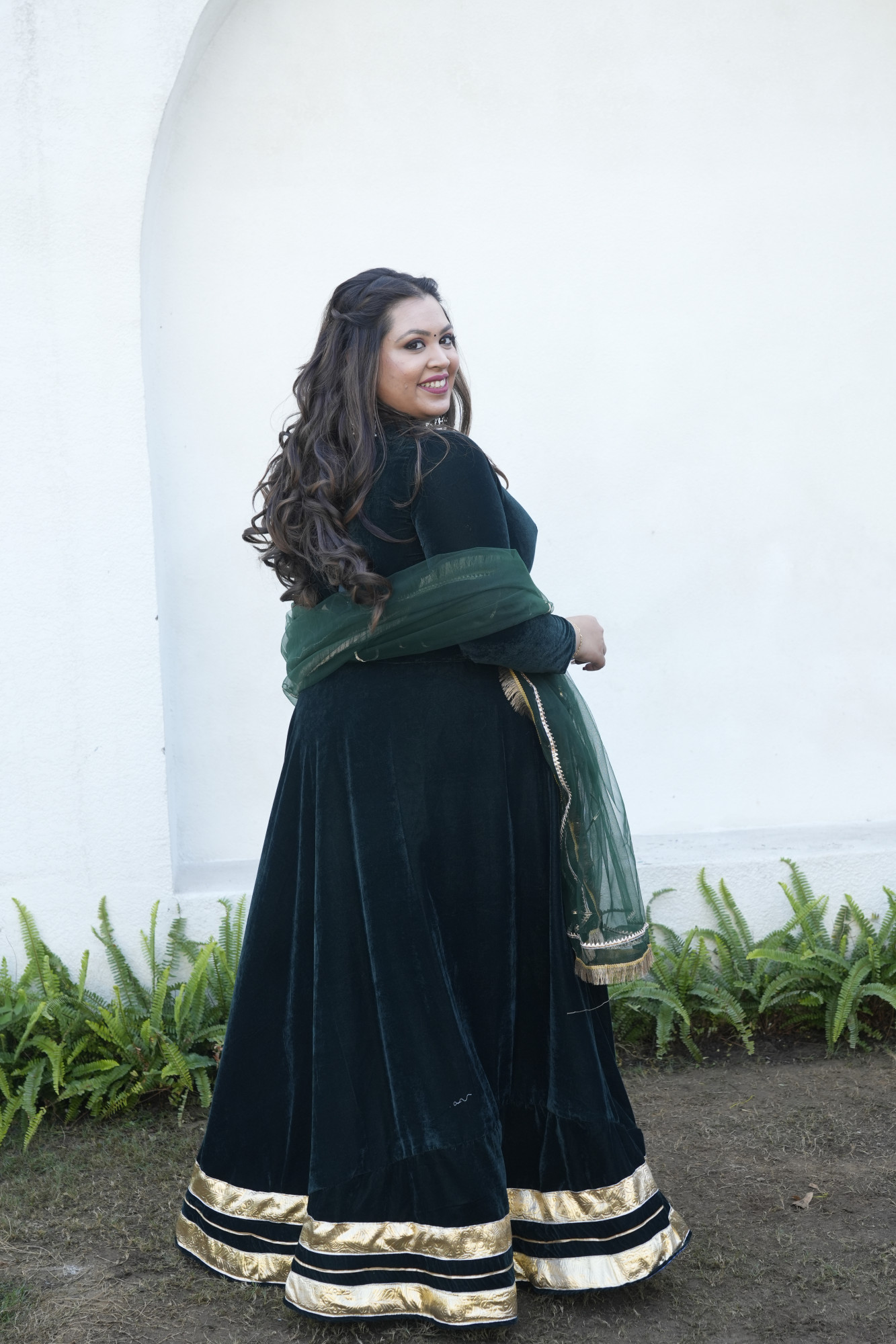 Green Velvet Lehenga With Net Dupatta
