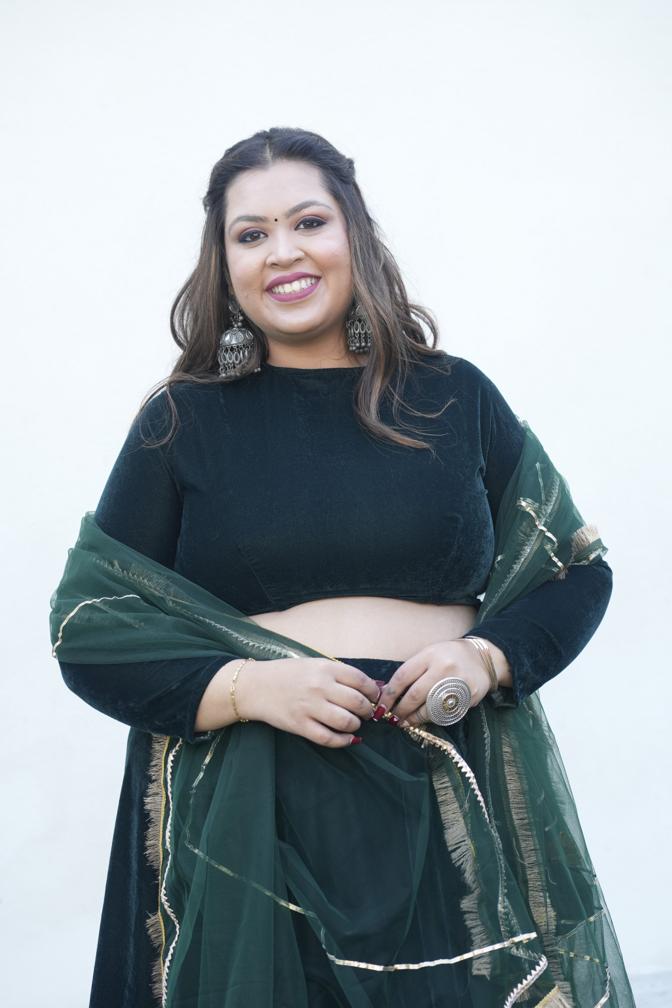 Green Velvet Lehenga With Net Dupatta