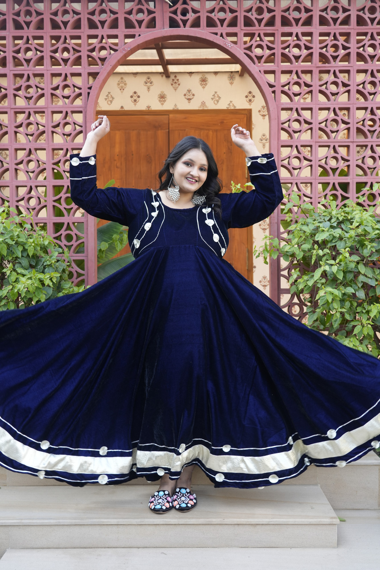 Royal Blue Velvet Anarkali With Net Dupatta