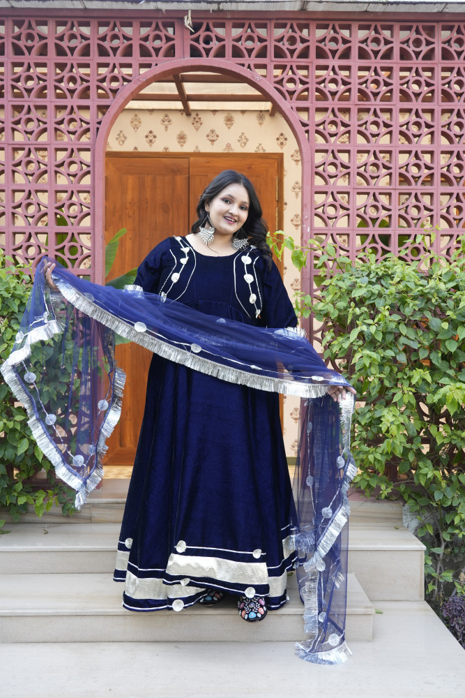 Image of Royal Blue Velvet Anarkali With Net Dupatta