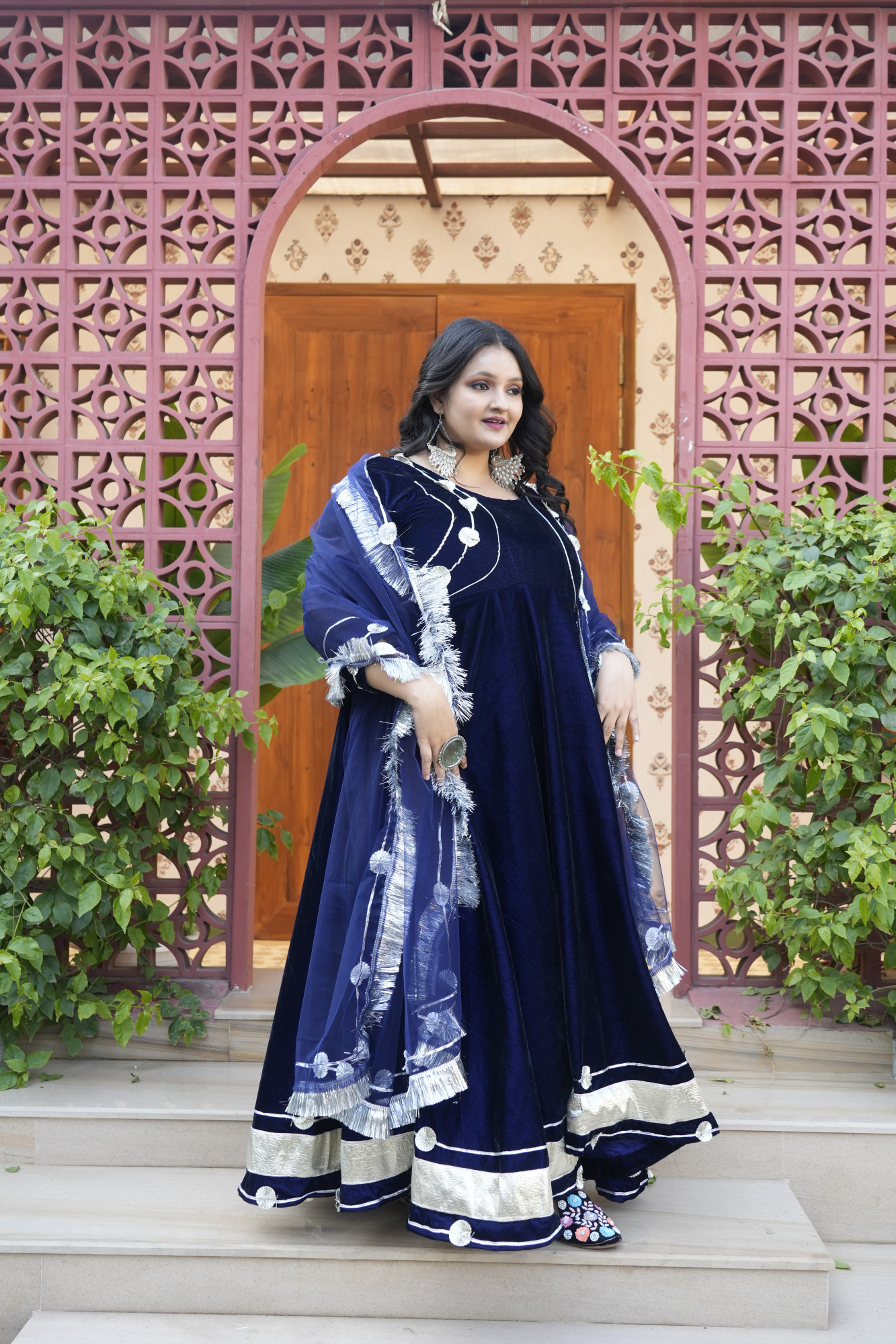 Royal Blue Velvet Anarkali With Net Dupatta