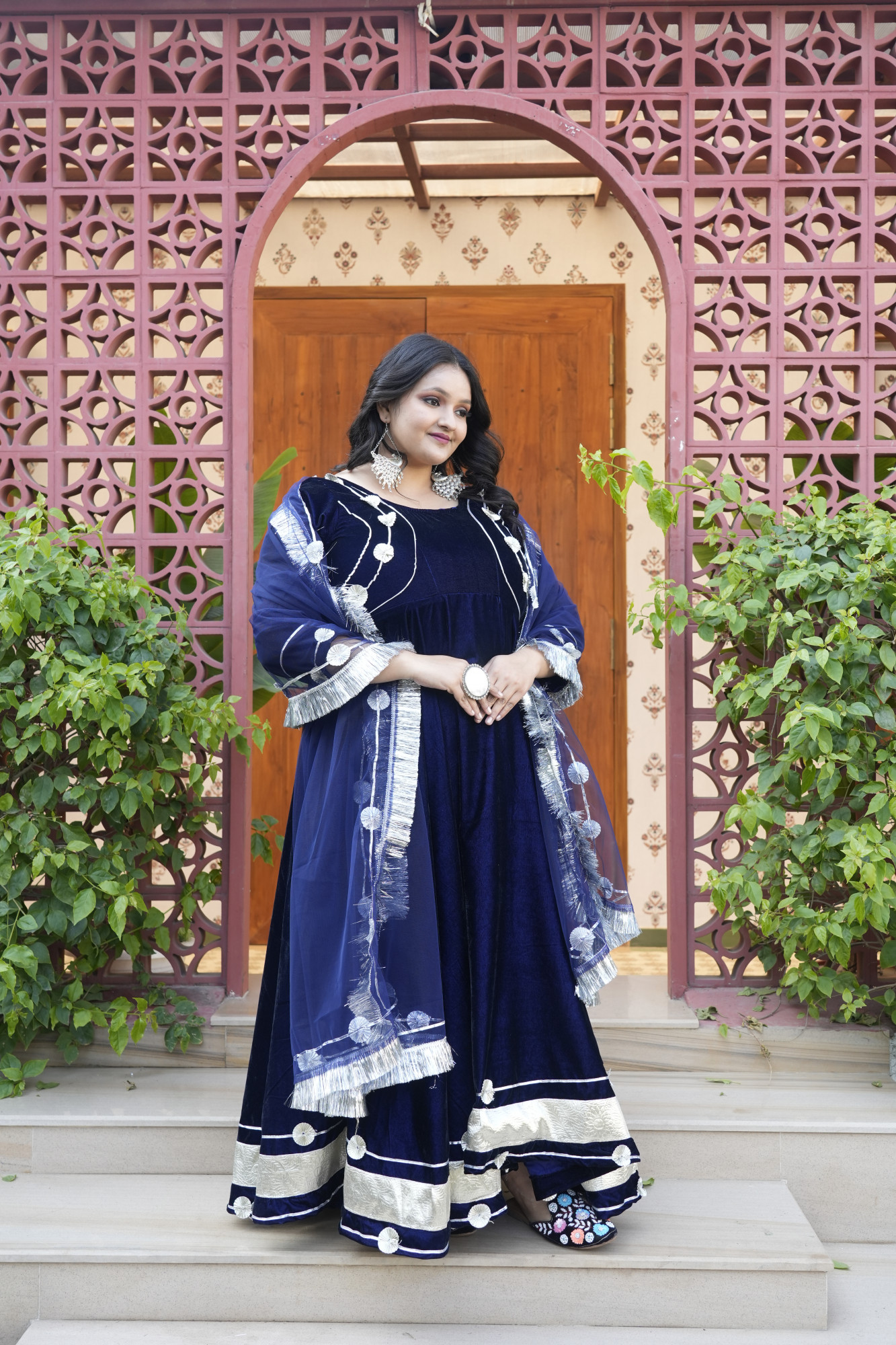 Royal Blue Velvet Anarkali With Net Dupatta