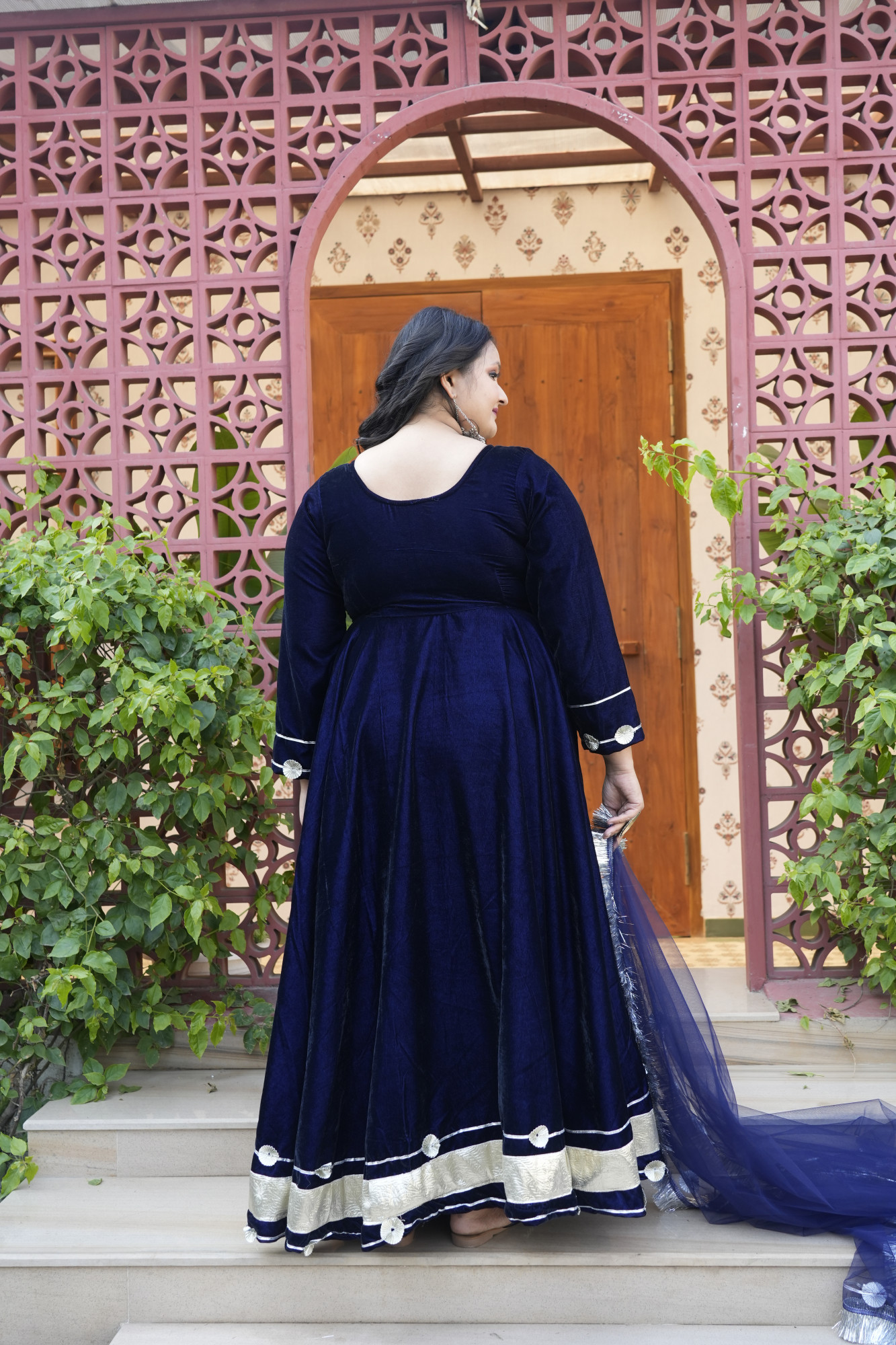 Royal Blue Velvet Anarkali With Net Dupatta