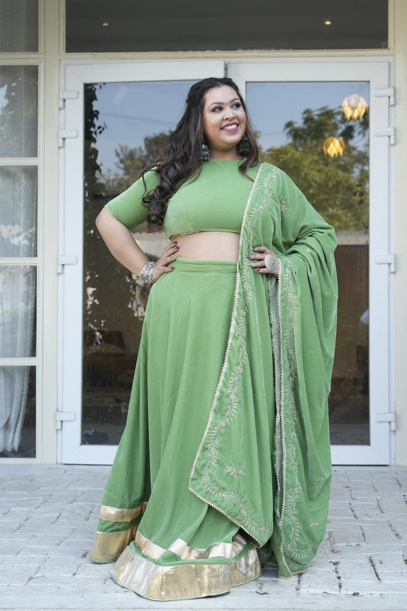 Olive Green Lehenga With Embroidered Dupatta