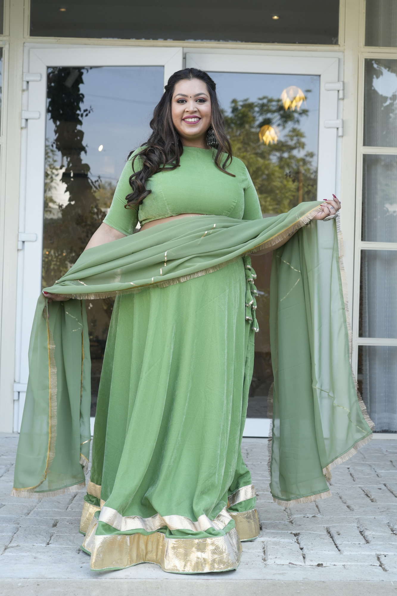 Olive Green Velvet Lehenga With Georgette Dupatta