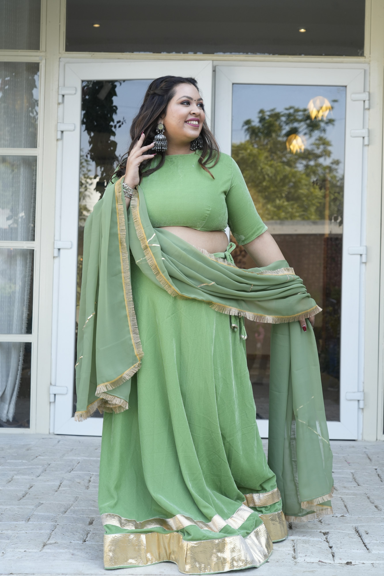 Olive Green Velvet Lehenga With Georgette Dupatta