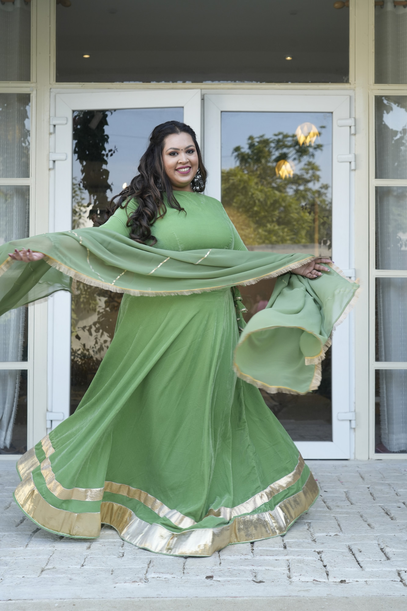 Olive Green Velvet Lehenga With Georgette Dupatta
