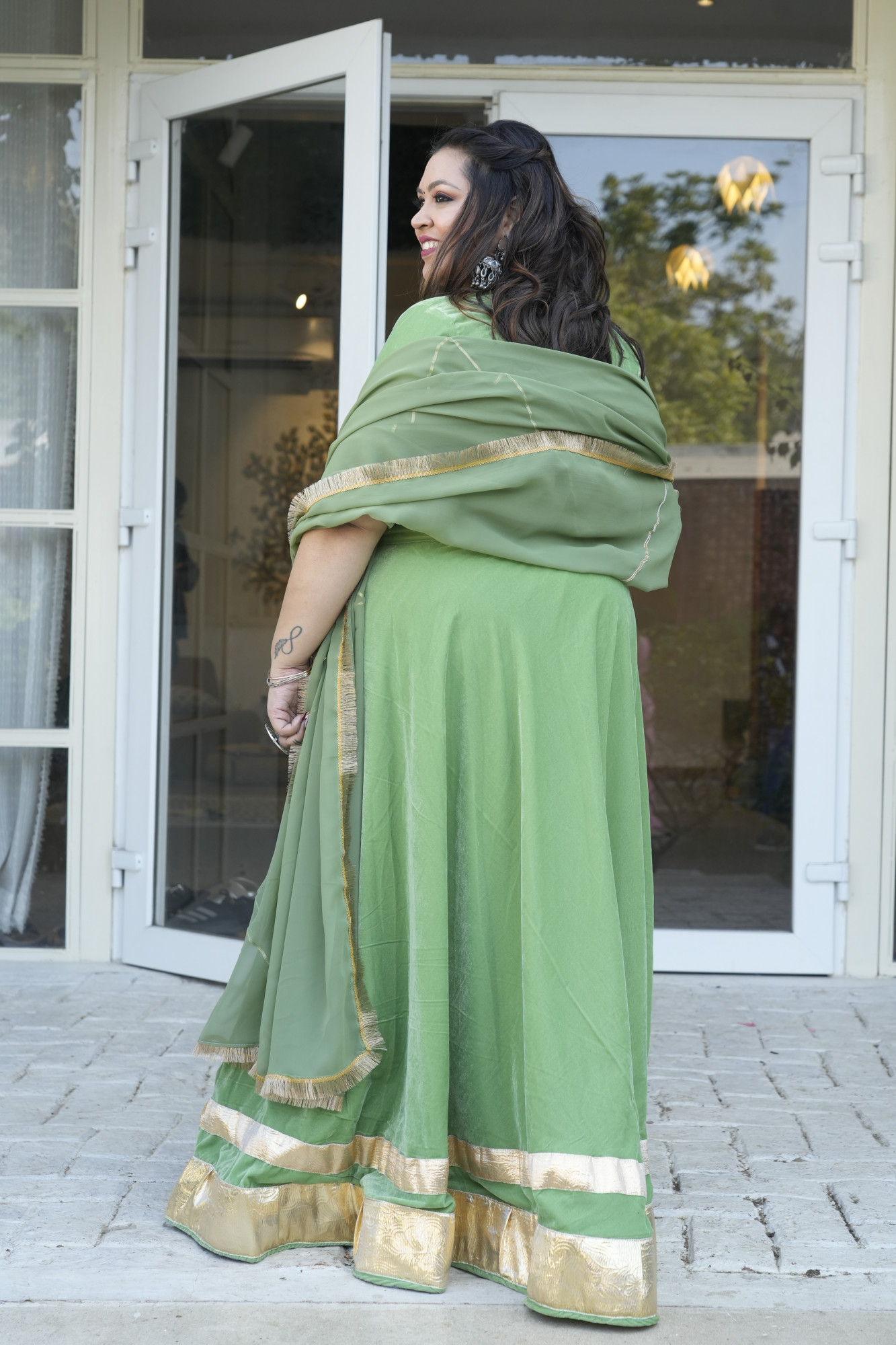 Olive Green Velvet Lehenga With Georgette Dupatta
