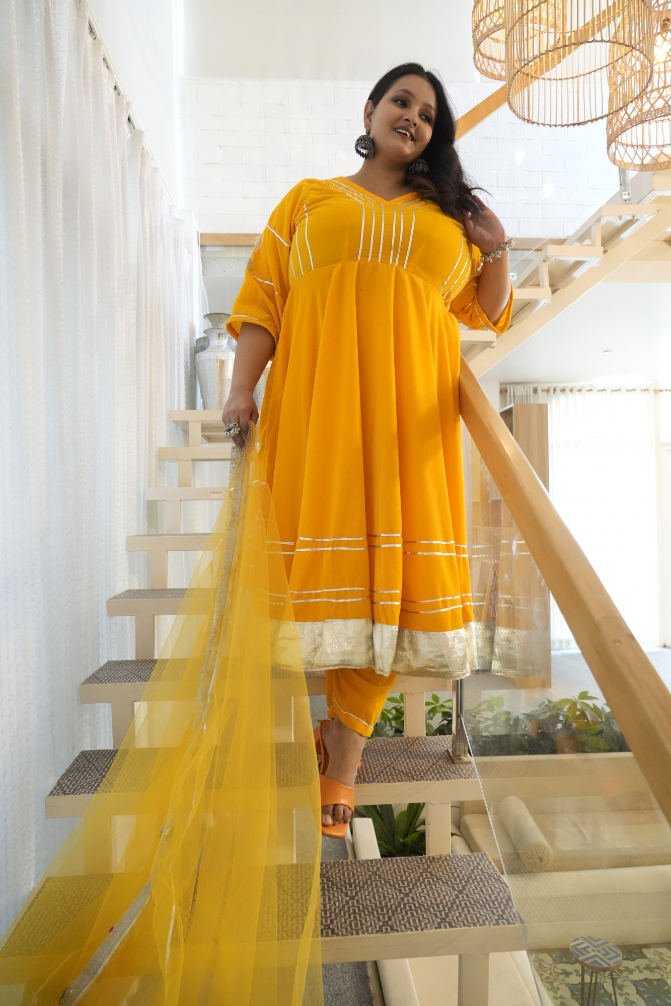 Yellow Velvet Anarkali With Net Dupatta