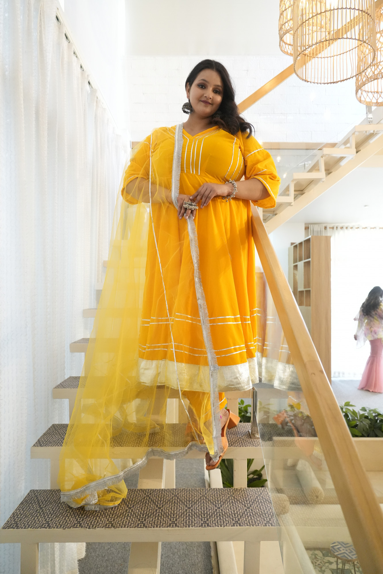 Yellow Velvet Anarkali With Net Dupatta
