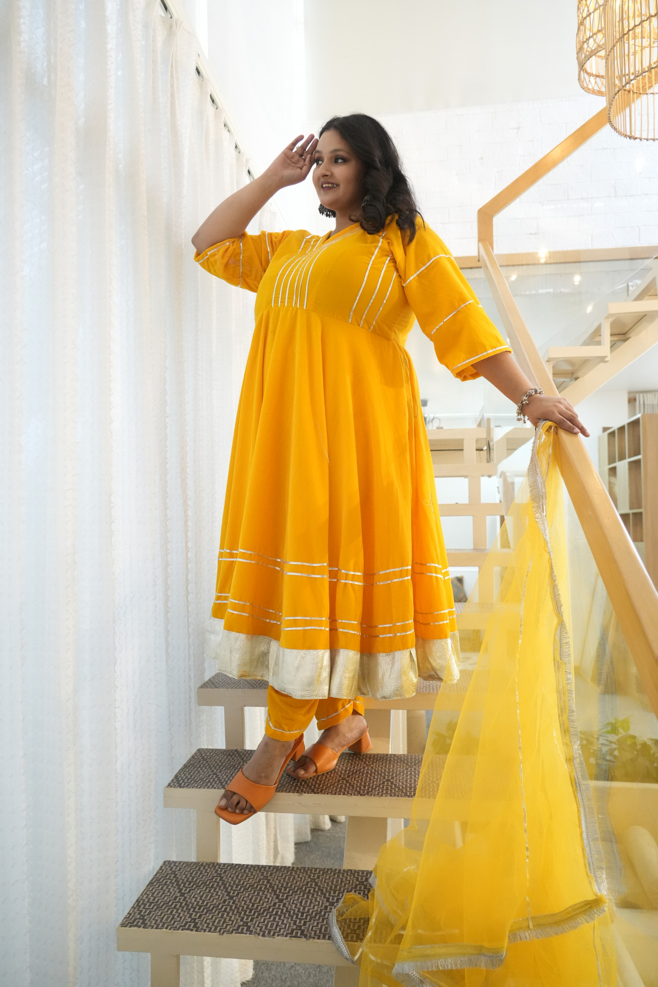 Yellow Velvet Anarkali With Net Dupatta
